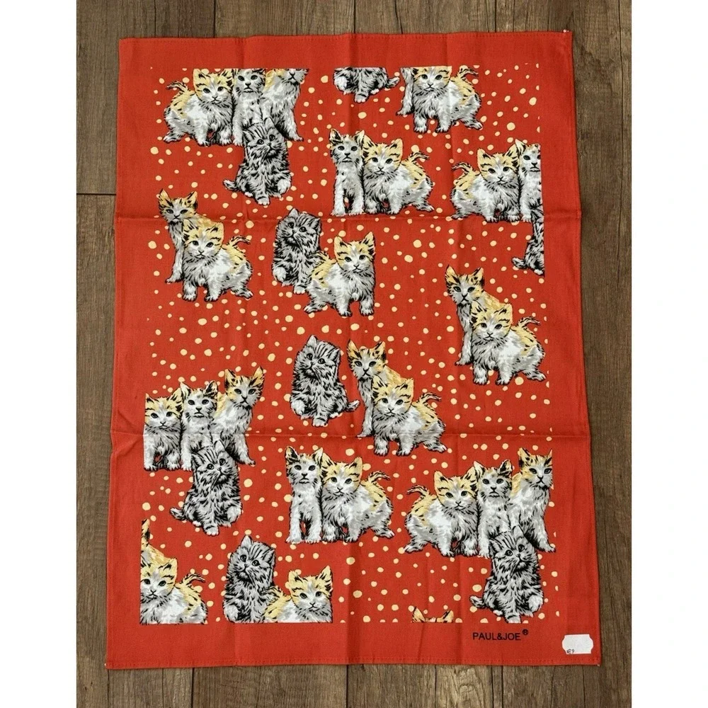PAUL‎ & JOE Orange Cat Kitten Polka Dot Cotton Kitchen Tea Towel 20x27 NWOT